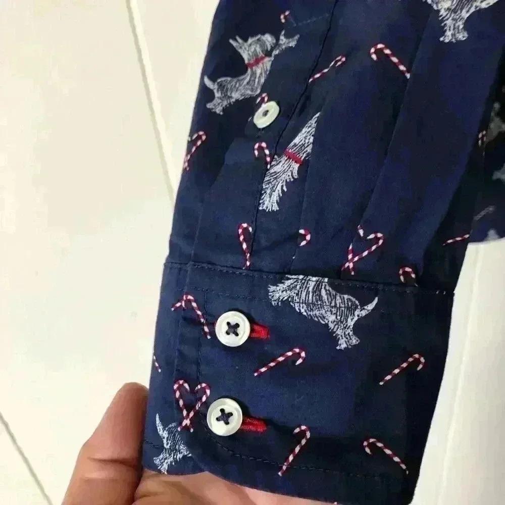 Talbots Christmas Holiday Theme Dog Printed Button Down Navy Cotton Shirt XS - Picture 3 of 7